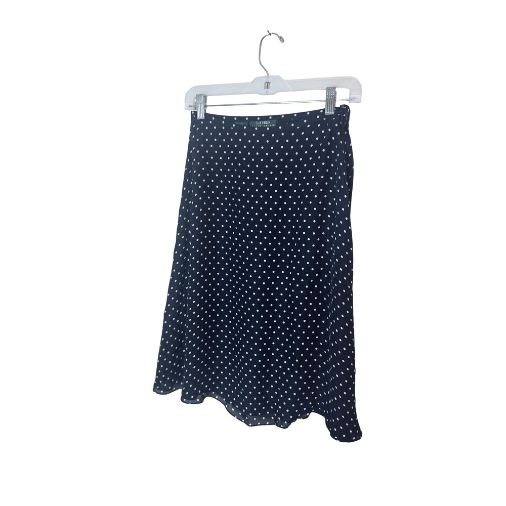 Lauren Ralph Lauren Skirt Womens 4P Petite Blue Polka Dot Silk A Line Midi Lined